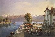 Gabriel Lory fils View of the old lock Schadau in Thun oil painting on canvas